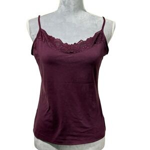 Ann Taylor MED Burgundy Lace‎ Trim Stretch Cami Shell Tank Top Vintage Babydoll